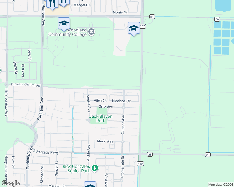 map of restaurants, bars, coffee shops, grocery stores, and more near 2616 Farmers Central Road in Woodland