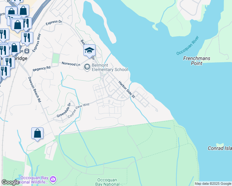 map of restaurants, bars, coffee shops, grocery stores, and more near 13753 Fleet Street in Woodbridge