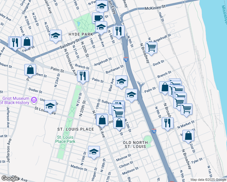 map of restaurants, bars, coffee shops, grocery stores, and more near 1415 Palm Street in St. Louis