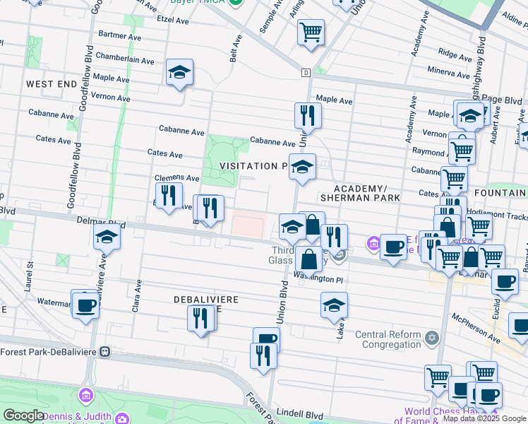 map of restaurants, bars, coffee shops, grocery stores, and more near 5331 Enright Avenue in St. Louis