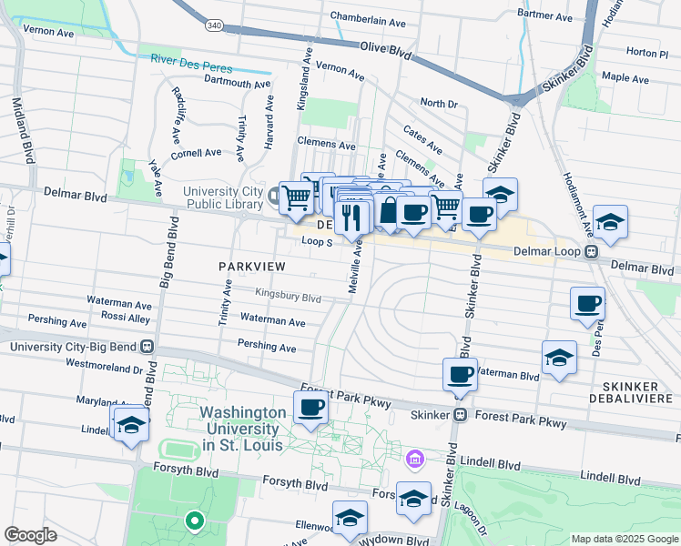map of restaurants, bars, coffee shops, grocery stores, and more near 6615 Washington Avenue in University City