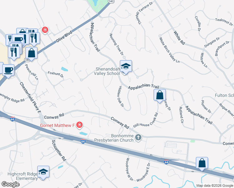 map of restaurants, bars, coffee shops, grocery stores, and more near 1215 Hidden Oak Drive in Chesterfield