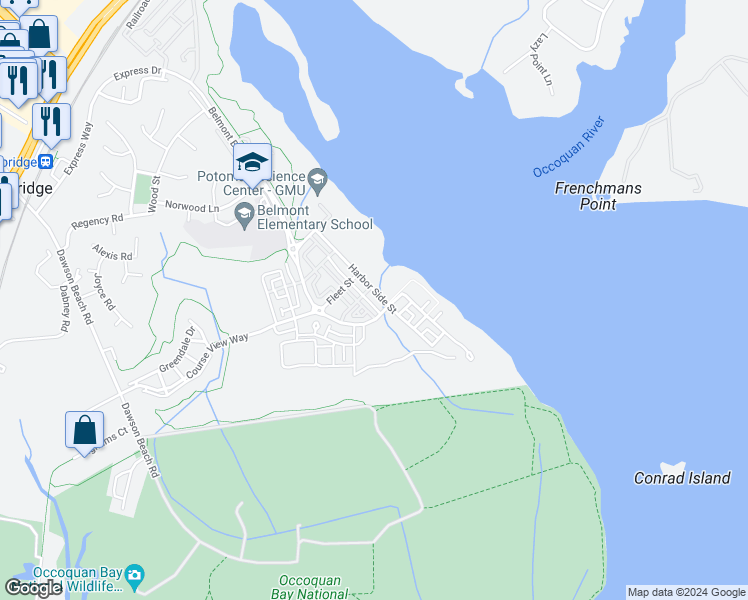 map of restaurants, bars, coffee shops, grocery stores, and more near 562 Marina Landing Lane in Woodbridge