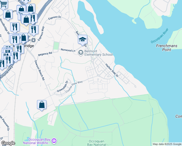 map of restaurants, bars, coffee shops, grocery stores, and more near 703 Vestal Street in Woodbridge