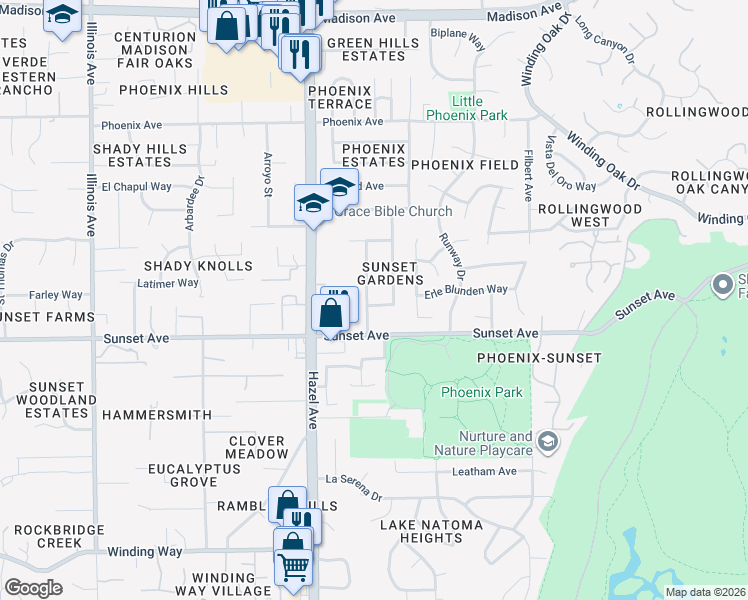 map of restaurants, bars, coffee shops, grocery stores, and more near 4843 Skyway Drive in Fair Oaks