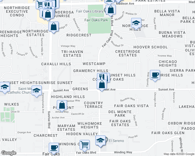map of restaurants, bars, coffee shops, grocery stores, and more near 8033 Jaden Lane in Fair Oaks