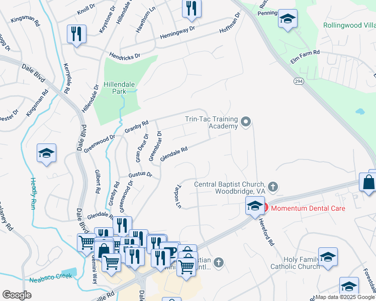 map of restaurants, bars, coffee shops, grocery stores, and more near 4119 Glendale Road in Woodbridge