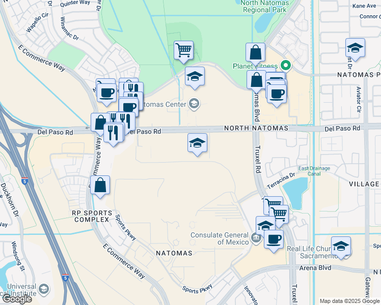 map of restaurants, bars, coffee shops, grocery stores, and more near 2414 Del Paso Road in Sacramento