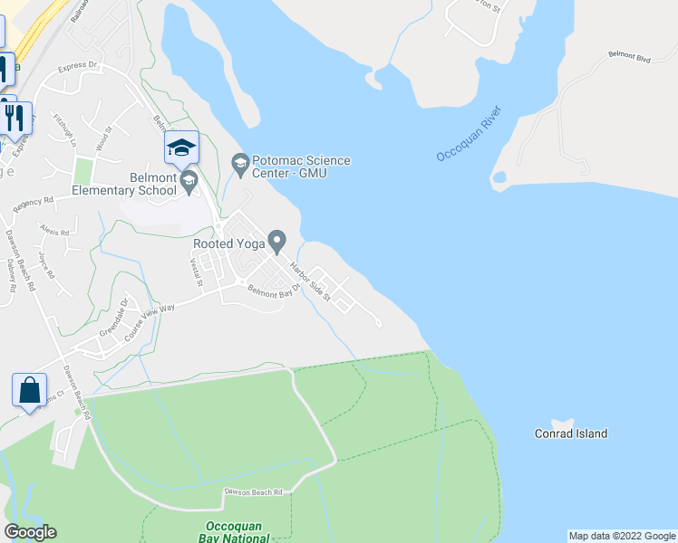 map of restaurants, bars, coffee shops, grocery stores, and more near 500 Belmont Bay Drive in Woodbridge