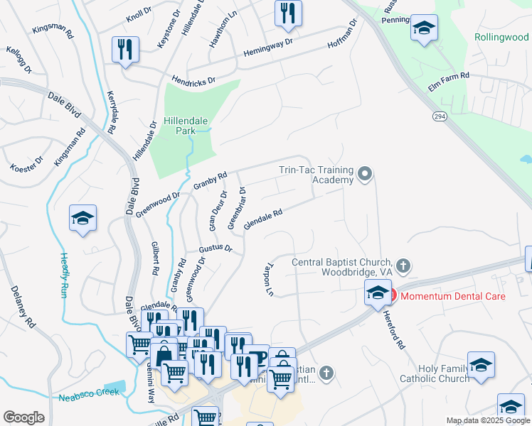 map of restaurants, bars, coffee shops, grocery stores, and more near 4124 Glendale Road in Woodbridge