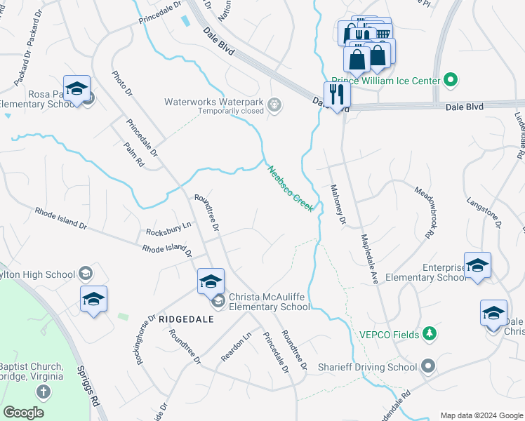 map of restaurants, bars, coffee shops, grocery stores, and more near 13823 Rockford Court in Woodbridge