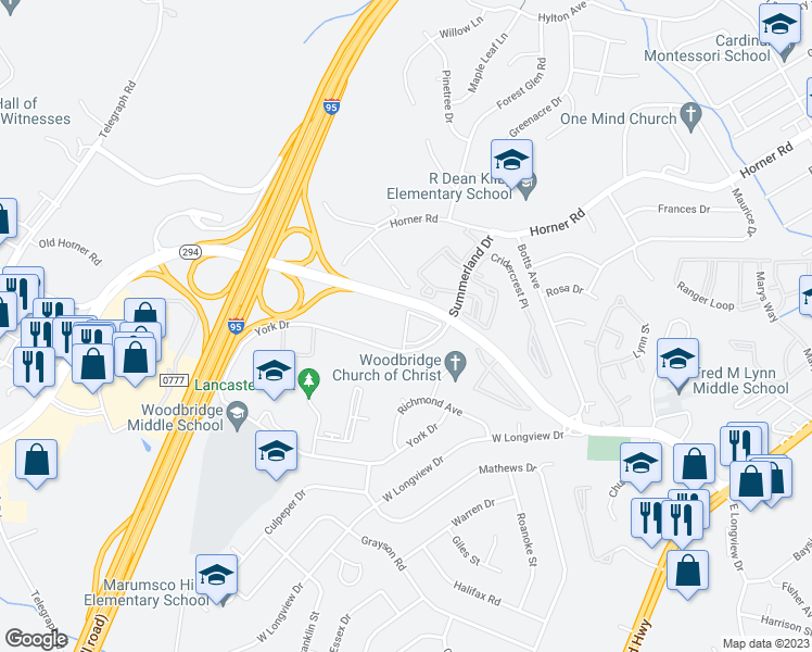 map of restaurants, bars, coffee shops, grocery stores, and more near 13676 Keelingwood Circle in Woodbridge