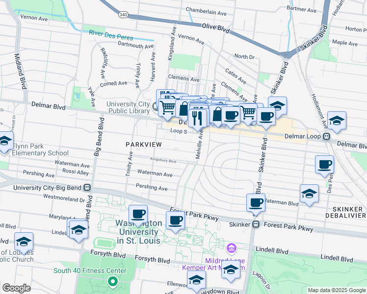 map of restaurants, bars, coffee shops, grocery stores, and more near 6628 Washington Avenue in St. Louis