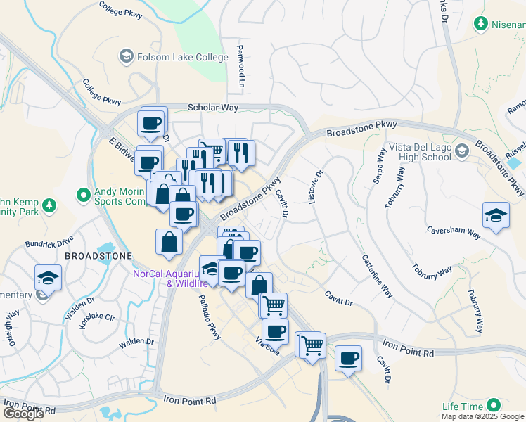 map of restaurants, bars, coffee shops, grocery stores, and more near 1550 Broadstone Parkway in Folsom