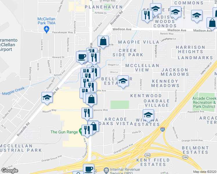map of restaurants, bars, coffee shops, grocery stores, and more near 4946 Almond Tree Lane in North Highlands