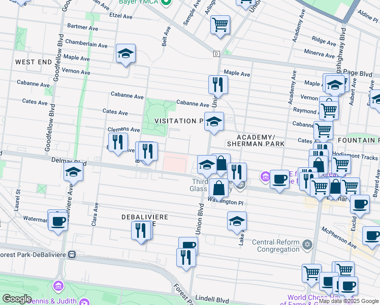 map of restaurants, bars, coffee shops, grocery stores, and more near 5331 Enright Avenue in St. Louis