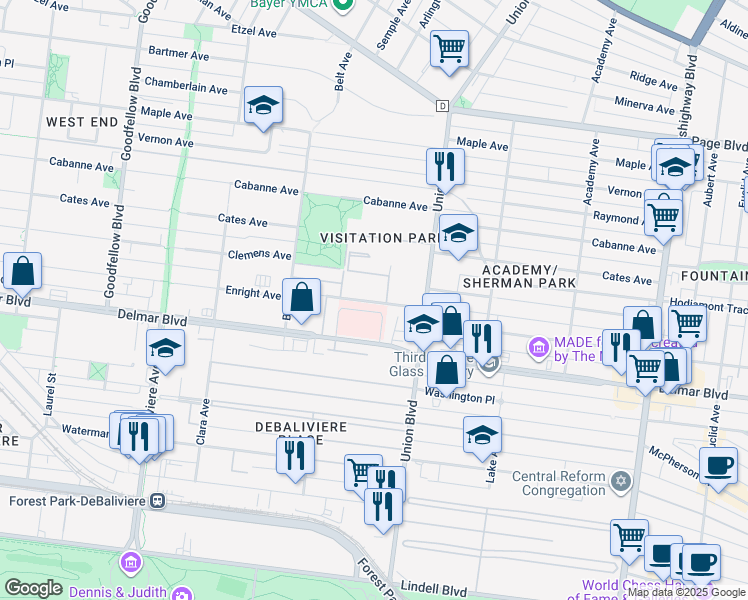 map of restaurants, bars, coffee shops, grocery stores, and more near 5401 Enright Avenue in St. Louis