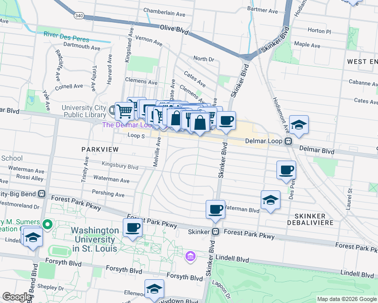 map of restaurants, bars, coffee shops, grocery stores, and more near 6317 Washington Avenue in University City