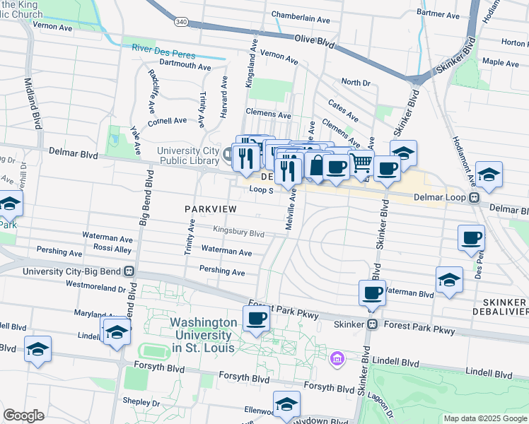map of restaurants, bars, coffee shops, grocery stores, and more near 6647 Washington Avenue in University City