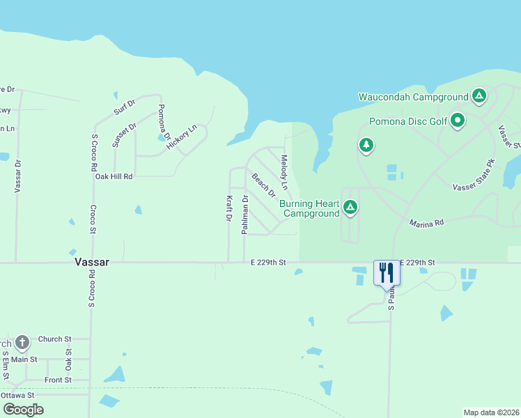 map of restaurants, bars, coffee shops, grocery stores, and more near 3355 Beach Dr in Osage