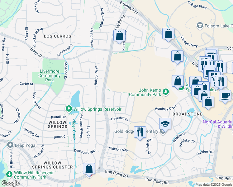 map of restaurants, bars, coffee shops, grocery stores, and more near 1216 Newmark Way in Folsom