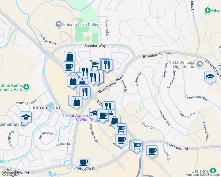 map of restaurants, bars, coffee shops, grocery stores, and more near 1550 Broadstone Parkway in Folsom