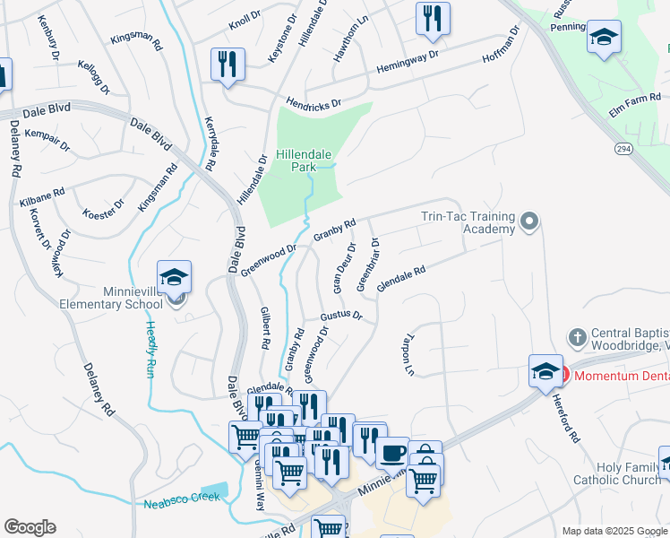 map of restaurants, bars, coffee shops, grocery stores, and more near 13716 Gran Deur Drive in Woodbridge