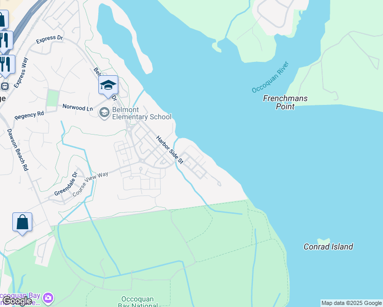 map of restaurants, bars, coffee shops, grocery stores, and more near 500 Belmont Bay Drive in Woodbridge
