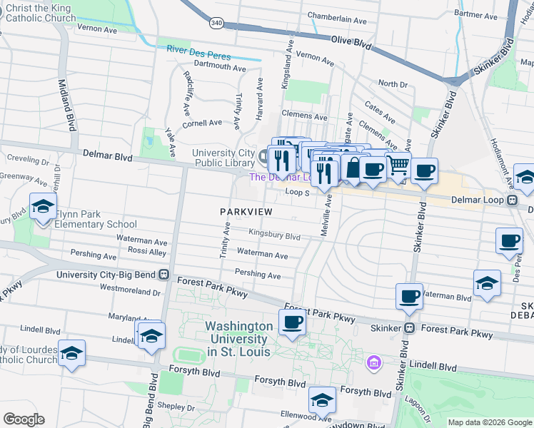 map of restaurants, bars, coffee shops, grocery stores, and more near 520 Kingsland Avenue in St. Louis