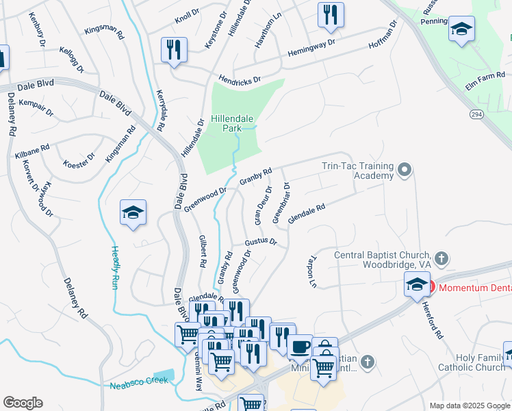 map of restaurants, bars, coffee shops, grocery stores, and more near 13716 Gran Deur Drive in Woodbridge