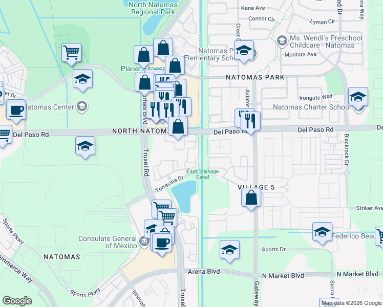 map of restaurants, bars, coffee shops, grocery stores, and more near in Sacramento