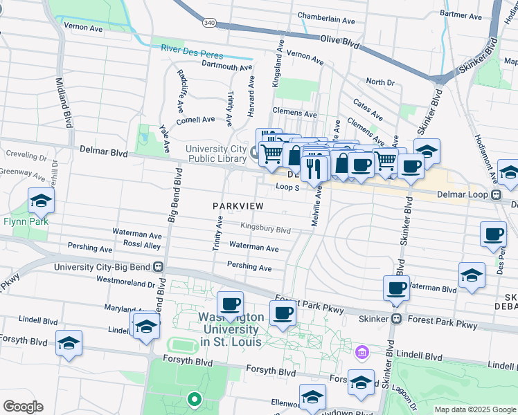 map of restaurants, bars, coffee shops, grocery stores, and more near 520 Kingsland Avenue in St. Louis