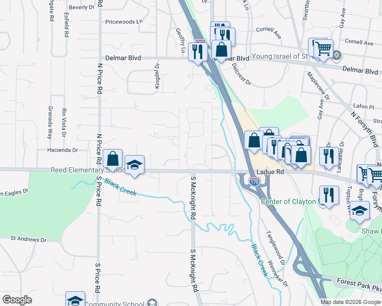 map of restaurants, bars, coffee shops, grocery stores, and more near 37 Willow Hill Road in St. Louis