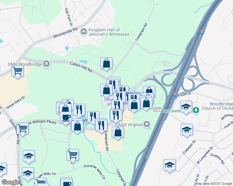 map of restaurants, bars, coffee shops, grocery stores, and more near 2460 Prince William Parkway in Woodbridge