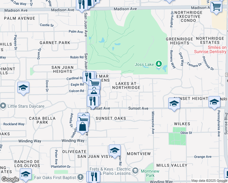 map of restaurants, bars, coffee shops, grocery stores, and more near 4916 Vir Mar Street in Fair Oaks