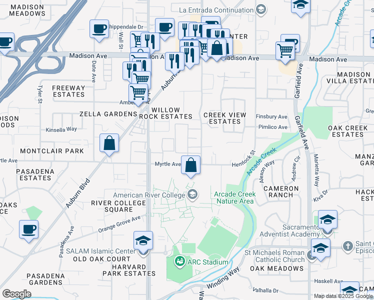 map of restaurants, bars, coffee shops, grocery stores, and more near 4971 Walnut Avenue in Sacramento