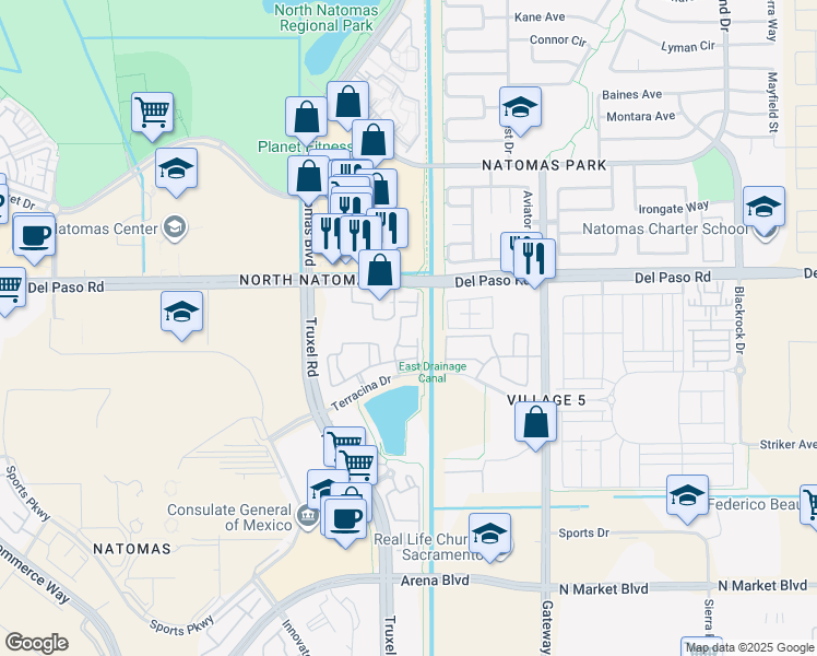 map of restaurants, bars, coffee shops, grocery stores, and more near in Sacramento
