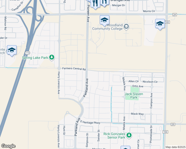 map of restaurants, bars, coffee shops, grocery stores, and more near 2170 Farmers Central Road in Woodland