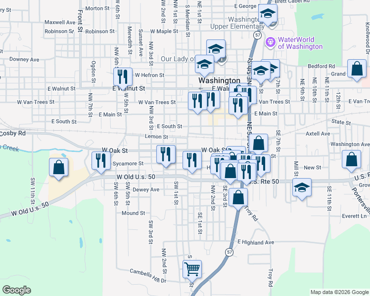 map of restaurants, bars, coffee shops, grocery stores, and more near 201-205 South Meridian Street in Washington