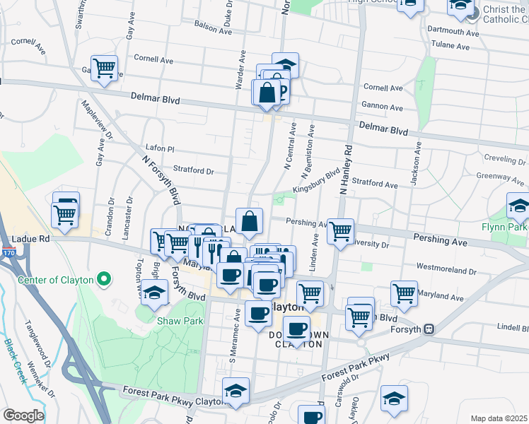 map of restaurants, bars, coffee shops, grocery stores, and more near 225 North Central Avenue in Clayton