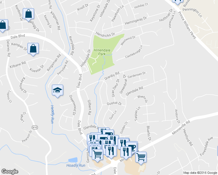 map of restaurants, bars, coffee shops, grocery stores, and more near 13709 Greenwood Drive in Woodbridge