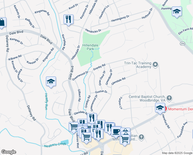 map of restaurants, bars, coffee shops, grocery stores, and more near 13709 Greenwood Drive in Woodbridge