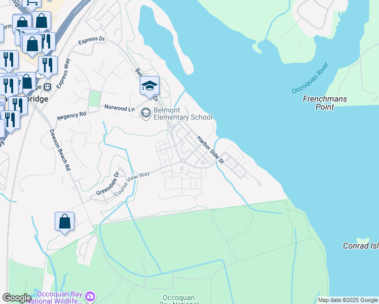 map of restaurants, bars, coffee shops, grocery stores, and more near 13752 Fleet Street in Woodbridge