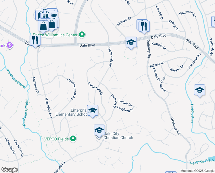 map of restaurants, bars, coffee shops, grocery stores, and more near 13721 Lynhurst Drive in Woodbridge