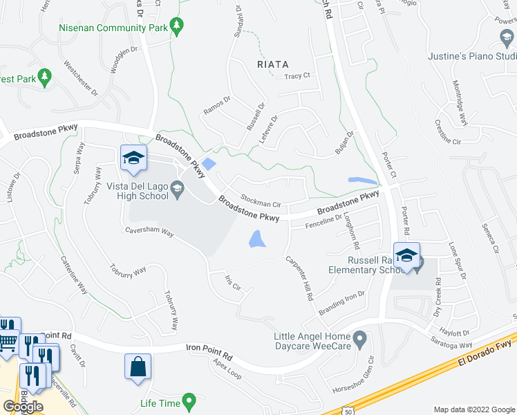 map of restaurants, bars, coffee shops, grocery stores, and more near 2174 Stockman Circle in Folsom
