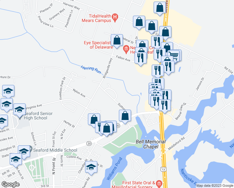 map of restaurants, bars, coffee shops, grocery stores, and more near 52 Seaford Meadows Drive in Seaford
