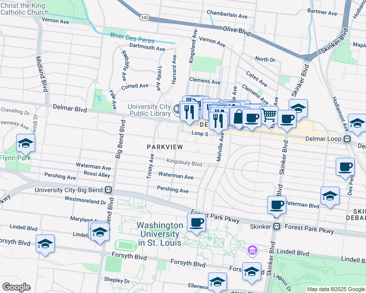 map of restaurants, bars, coffee shops, grocery stores, and more near 6672 Washington Avenue in University City