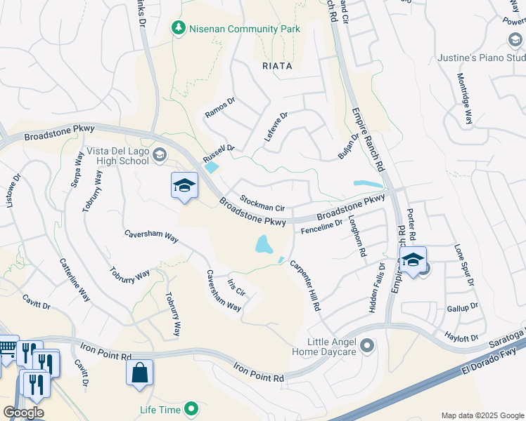 map of restaurants, bars, coffee shops, grocery stores, and more near 2174 Stockman Circle in Folsom