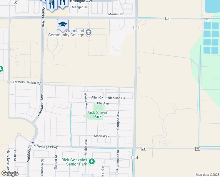 map of restaurants, bars, coffee shops, grocery stores, and more near 2616 Farmers Central Road in Woodland