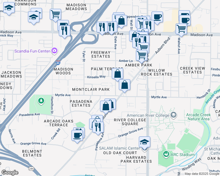 map of restaurants, bars, coffee shops, grocery stores, and more near 4612 Ashdale Court in Sacramento